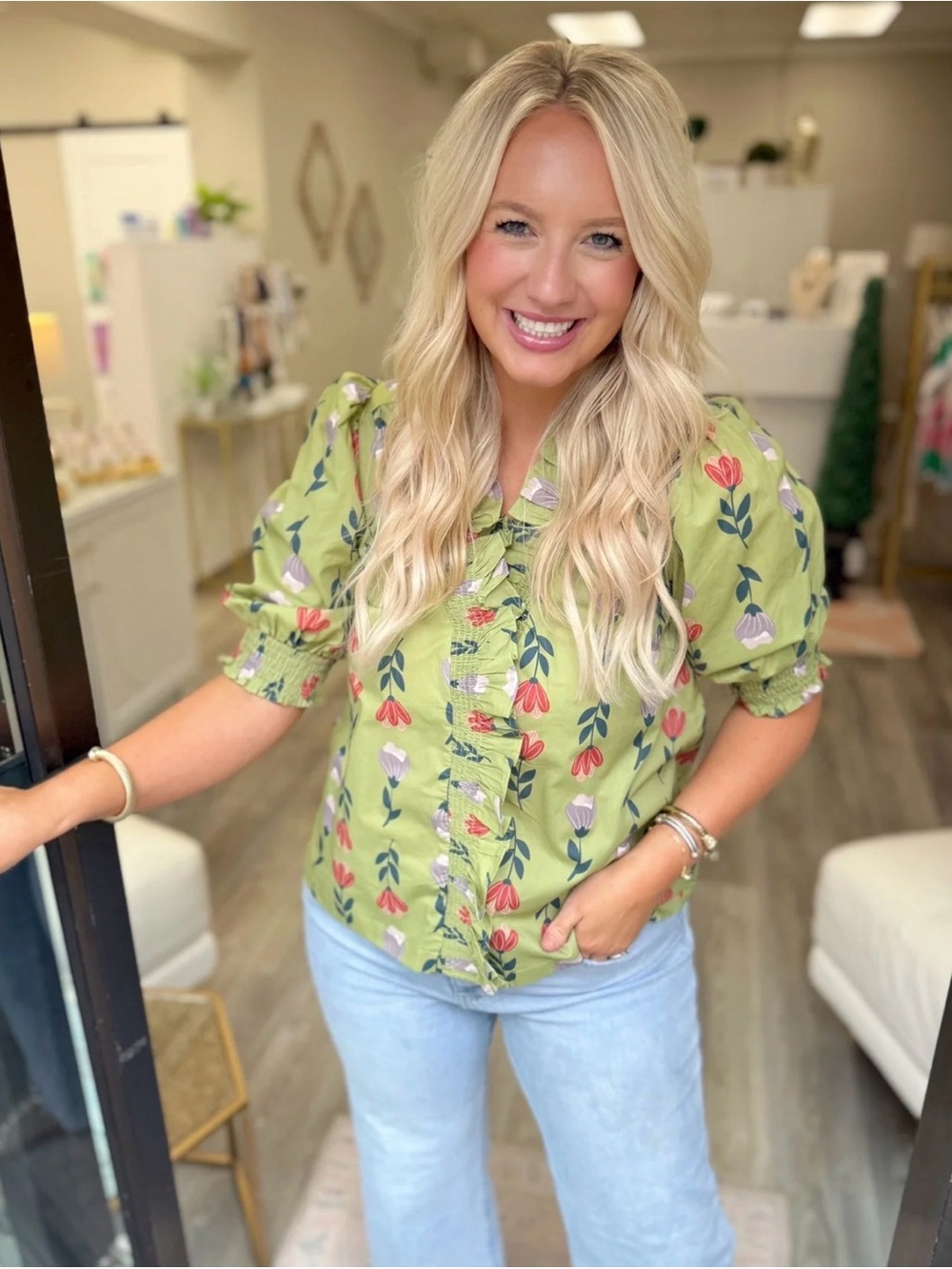 2 for $20 sale: Umgee green floral ruffle front blouse elbow length sleeves - S